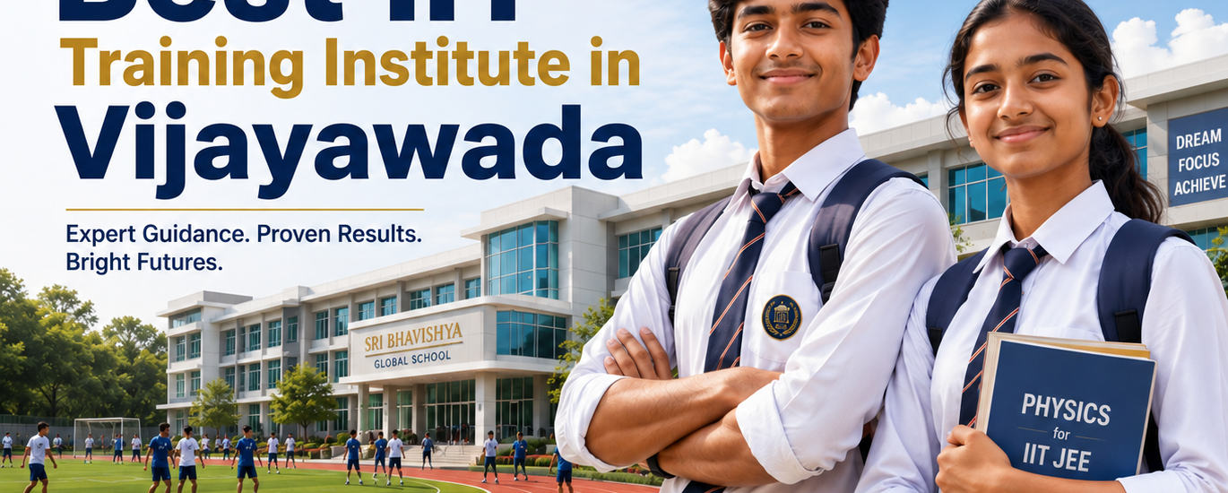 Best IIT Training Institute in Vijayawada banner featuring students, modern campus, playground, academic excellence.
