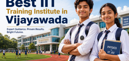 Best IIT Training Institute in Vijayawada banner featuring students, modern campus, playground, academic excellence.