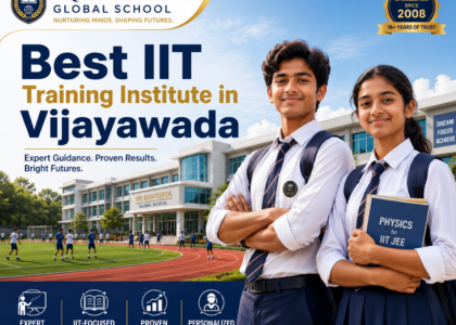 Best IIT Training Institute in Vijayawada banner featuring students, modern campus, playground, academic excellence.